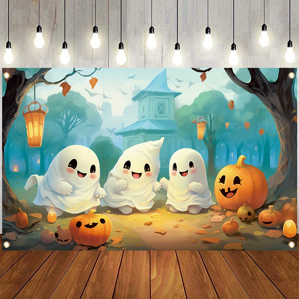 

1pc, Halloween Banner Polyester, Cute Spooky Pumpkin Lantern Photography Backdrop, Halloween Night Spooky Party Photo Booth Supplies, Indoor And Outdoor Decoration, 4 Corners Drilled For Easy Hanging