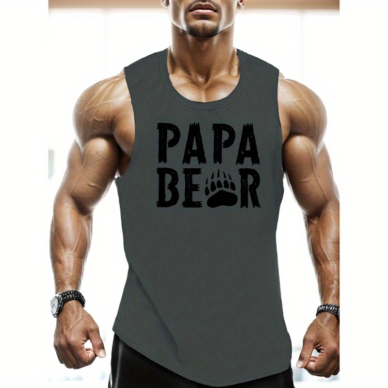 

Plus Size Men's Papa Bear Graphic Print Tank Top, Breathable Fitness Sports Sleeveless Tees For Big & Tall Males