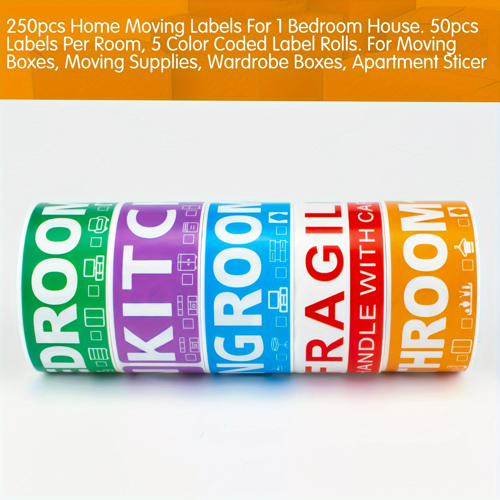

250pcs Home Moving Labels Set - 5 Color-coded Rolls For 1 Bedroom House With English Text - Perfect For Organizing Boxes & Supplies During Relocation