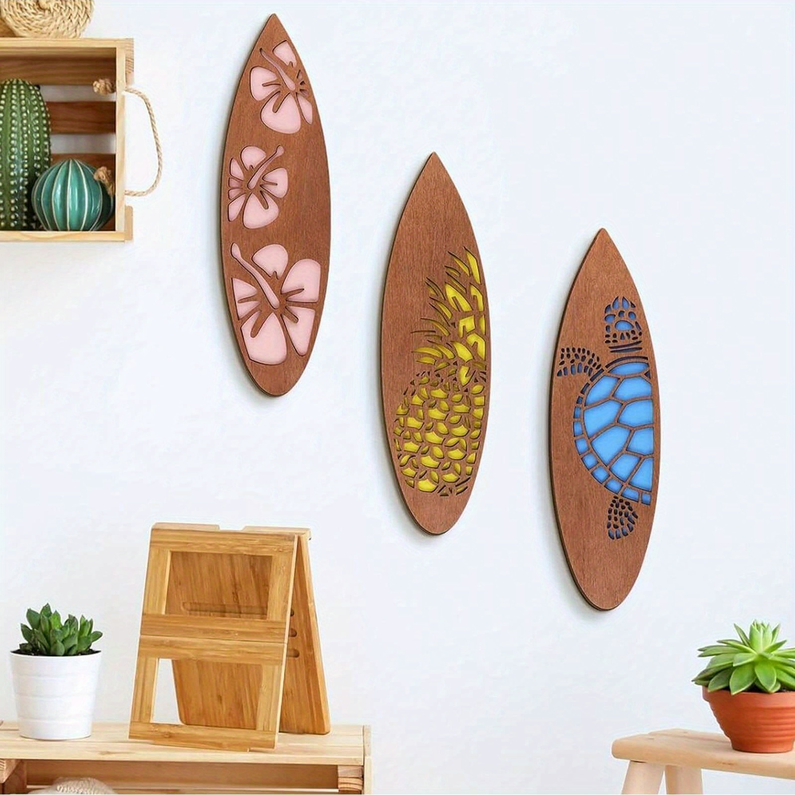 

3 Pcs Wooden Surfboard Wall Art Decor With Hibiscus Flower, Sea Turtle, And Pineapple Cutouts - Art Deco Style Beach Themed Hanging Sculptures For Home Bar And Tropical Decor