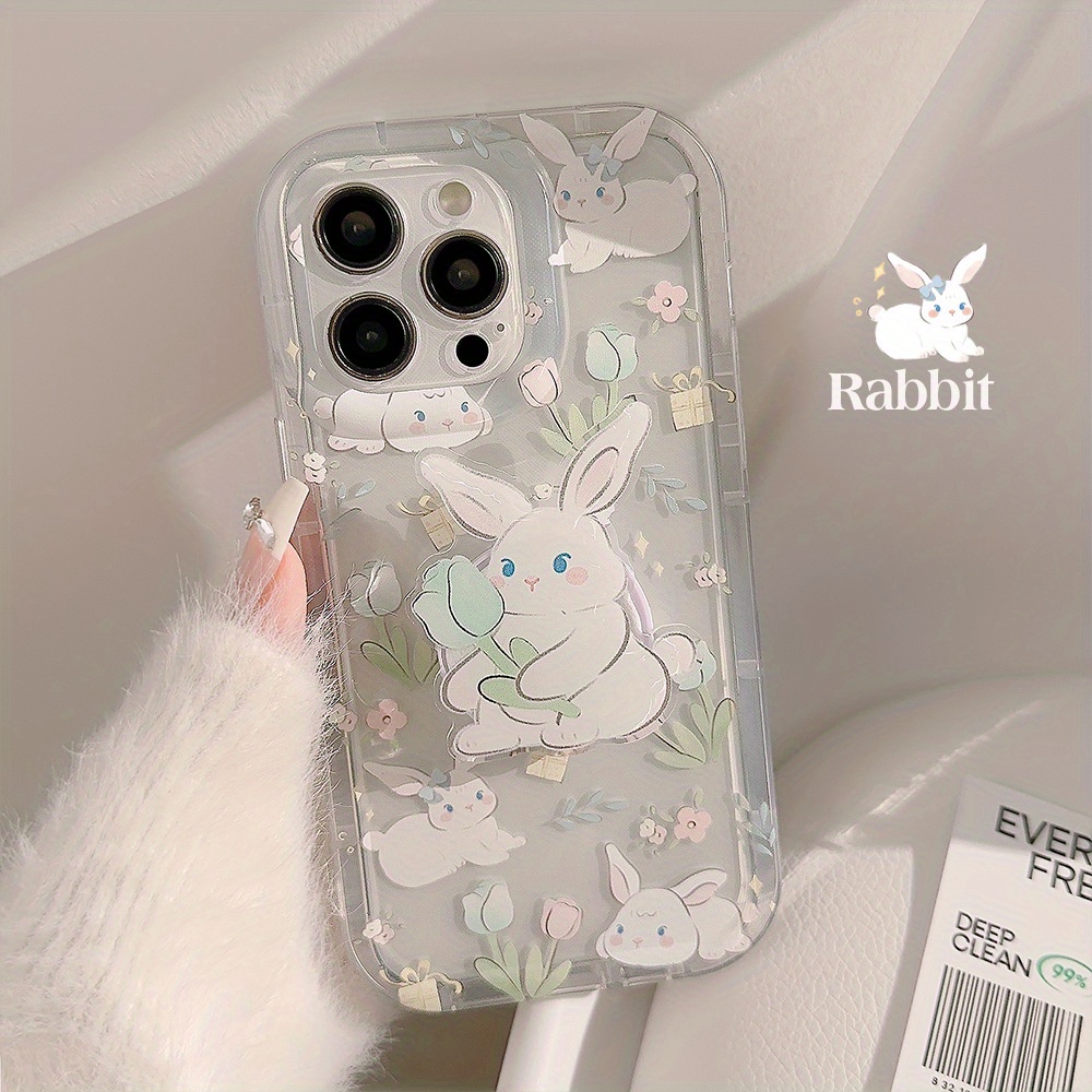 

Fresh And Cute Flower Rabbit Transparent Bracket Mobile Phone Case Suitable For 15/14/13/12/11 Series