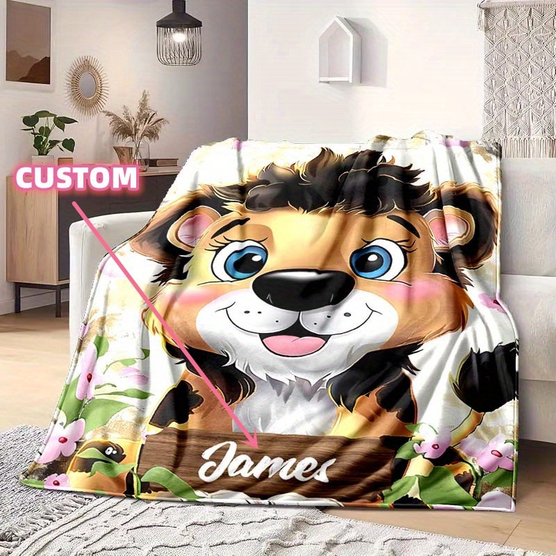 

1pc Name Custom Blanket Cute Cartoon Lion Holiday Birthday Gift Soft Nap Blanket
