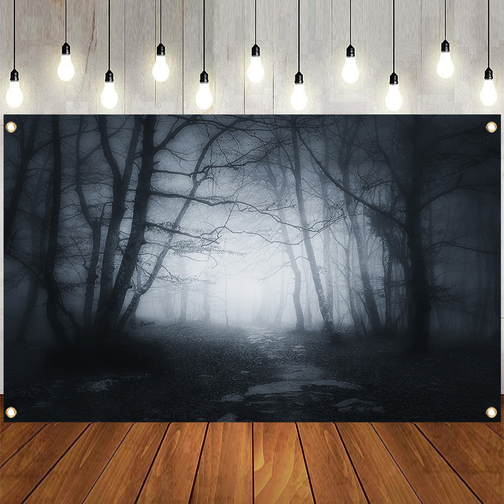 

1pc, Halloween Banner Polyester, Scary Misty Forest Photography Backdrop, Halloween Night Spooky Party Photo Booth Supplies, Indoor And Outdoor Decoration, 4 Corners Drilled For Easy Hanging