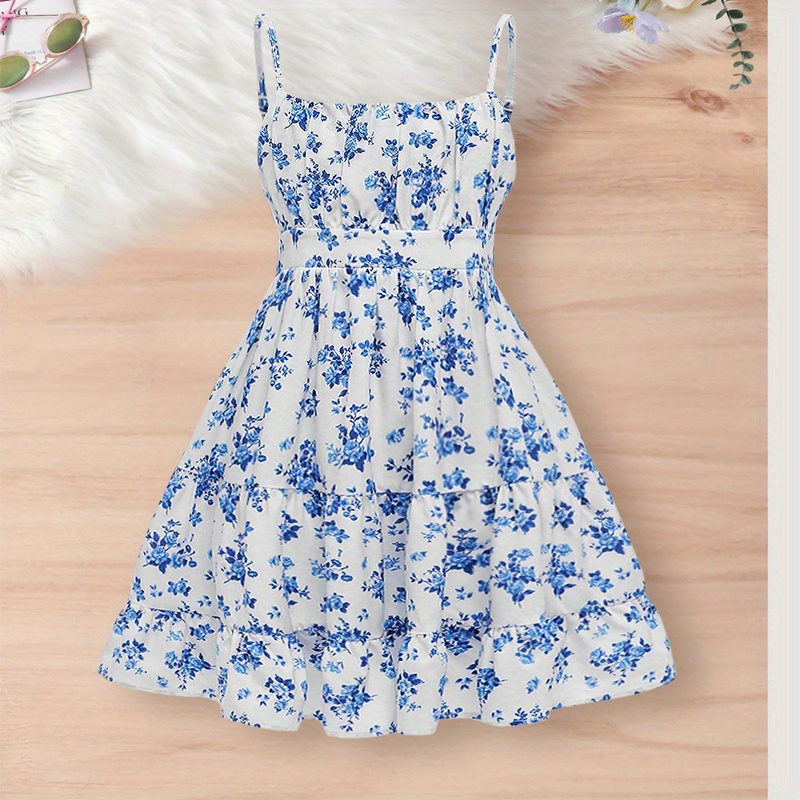 

Blue Floral A-line Sleeveless Cami Dress For Girls Vacation Casual Dresses Summer Gift