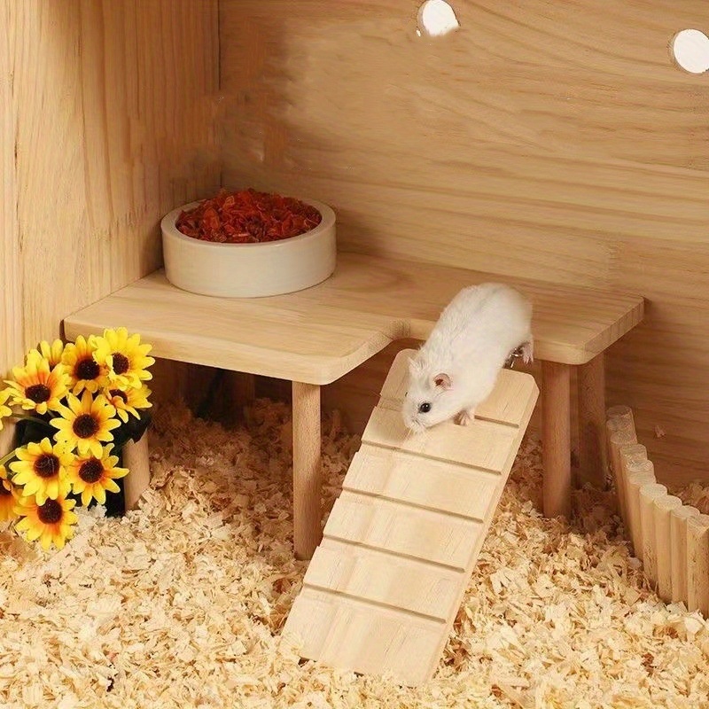 

Hamster Wooden Double-layer Platform With Ladder - Natural Crude Wood Pet Toy Accessory For Gerbil, Guinea Pig, And Small Animals