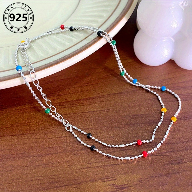 

S925 Sterling Silver Simple Rainbow Bead Necklace, Lightweight Luxury Clavicle Chain For , Valentine's Day Gift, Mardi Gras Accessory - Jewelry