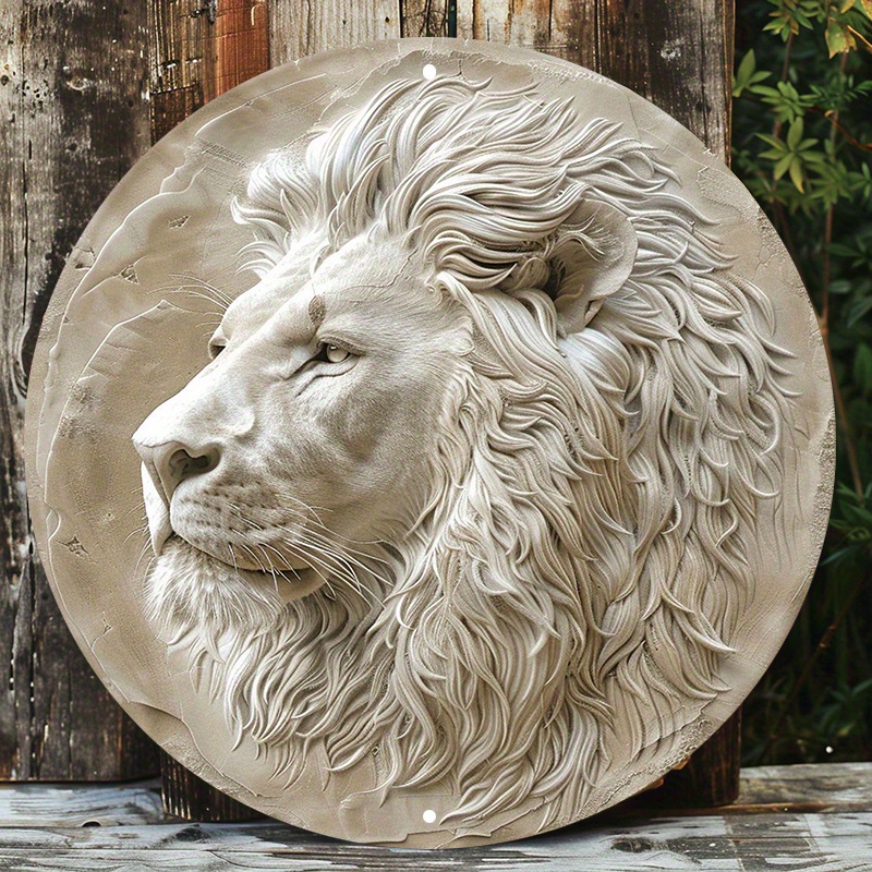 

1pc 8x8inch African Lion Aluminum Art Set - Waterproof, Pre-drilled, Hd Printing, Weather Resistant Round Metal Wall Decor Xc2004