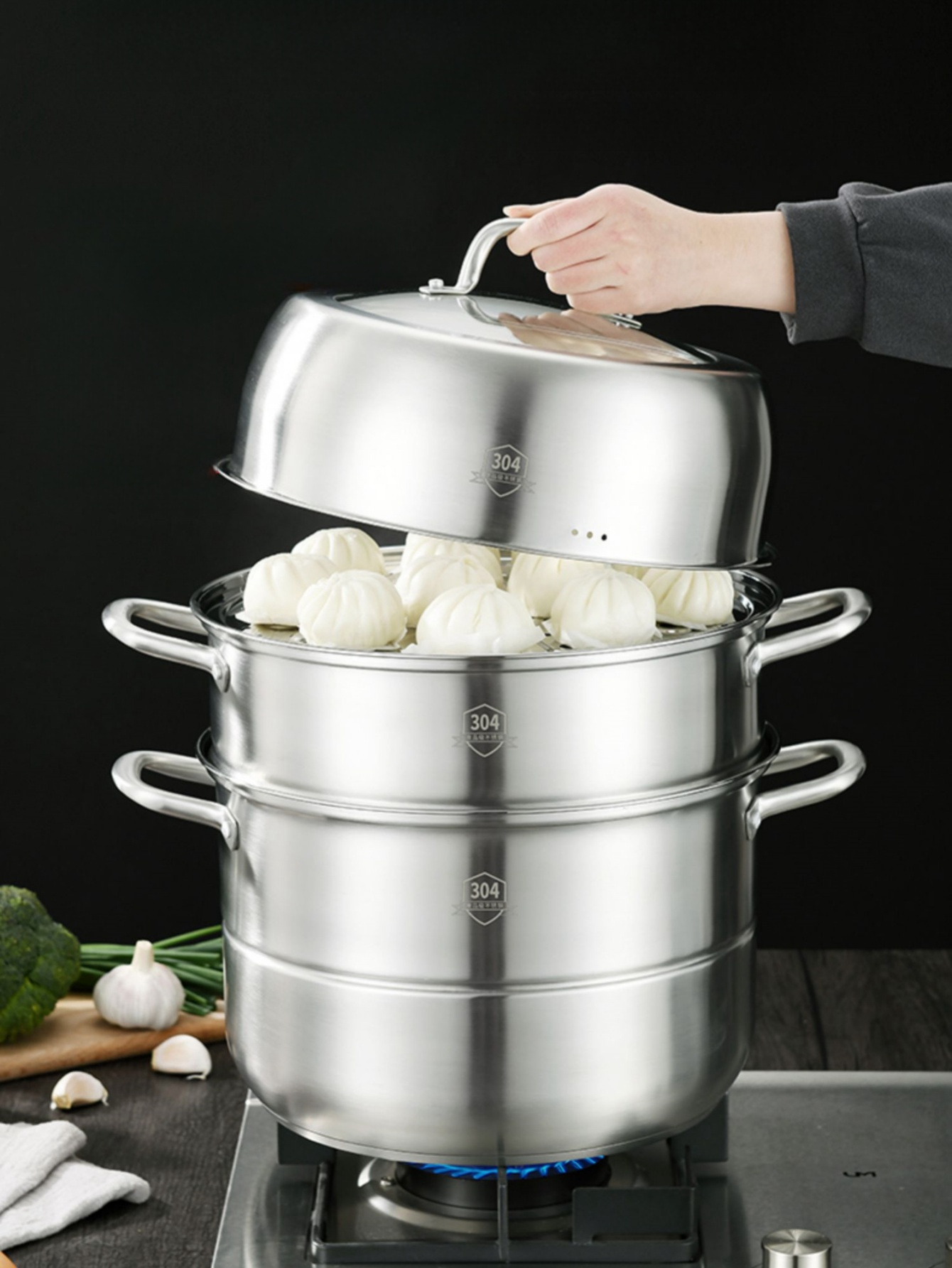 1 set 304 stainless steel 3 tier steamer large capacity   multi level steaming baskets for vegetables dumplings seafood induction gas stove compatible cookware details 0