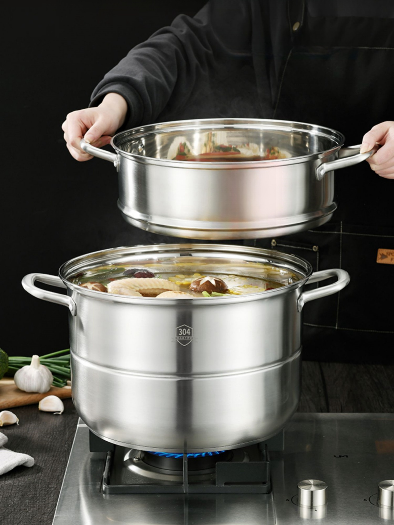 1 set 304 stainless steel 3 tier steamer large capacity   multi level steaming baskets for vegetables dumplings seafood induction gas stove compatible cookware details 2