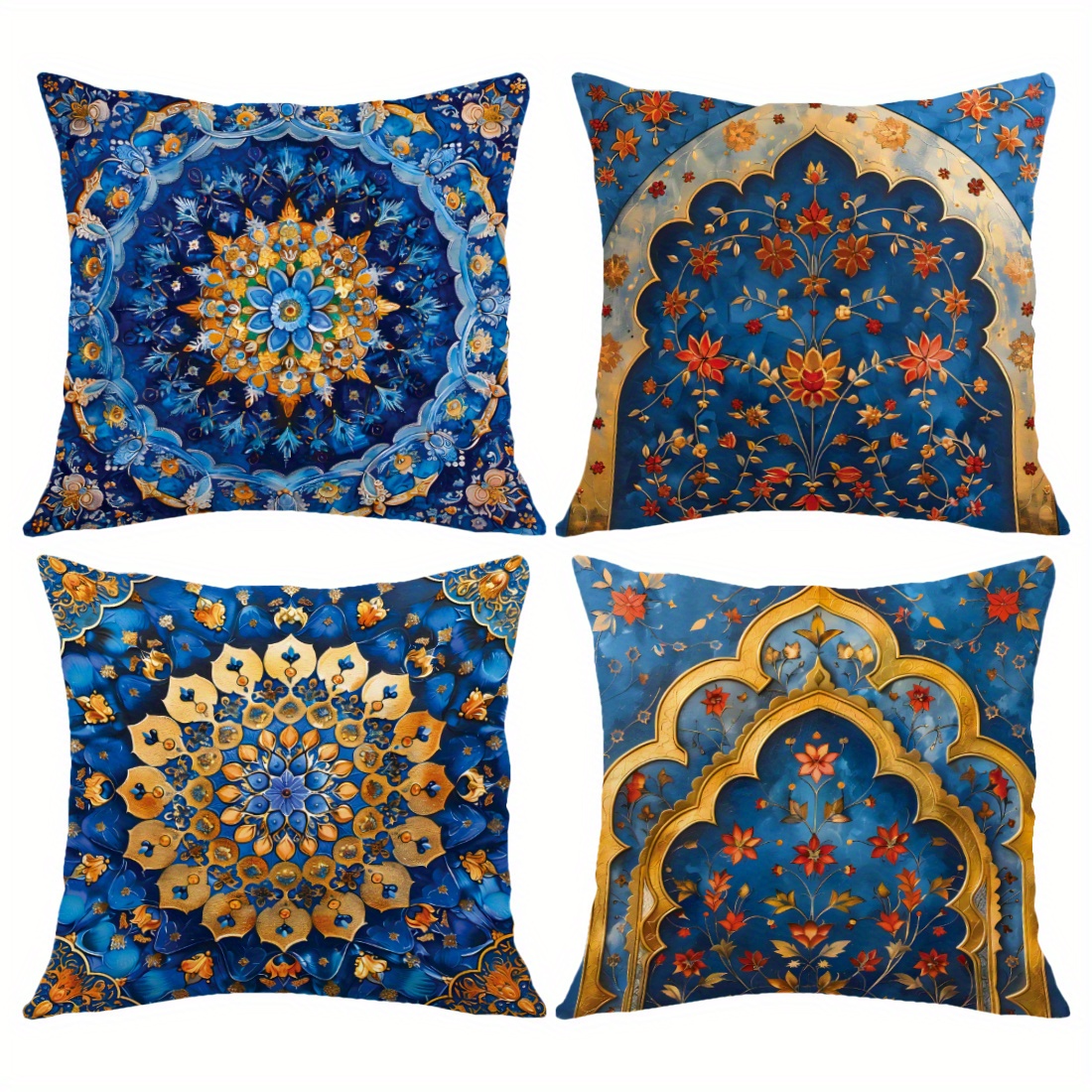 

1pc Ethnic Style Blue Gold Mandala Peach Fleece Throw Pillow Cover, Home Comfortable Decorative Pillow Cover, Cushion Cover For Living Room Bedroom Sofa