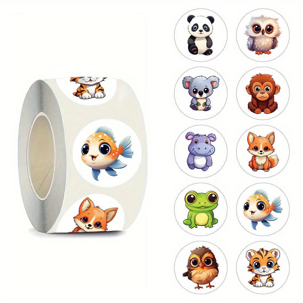 Image of 500pcs Cute Cartoon Big- Animals Stickers, Decals Rolls Self-adhesive Seals For Scrapbooking Cards Envelopes Handmade, Party Decor Supply Reward (1 Inch Labels / 10 Patterns)