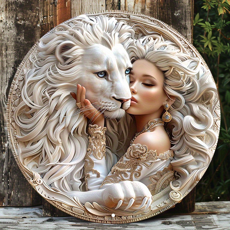 

1pc Stunning Woman & White Lion Art - 8" Round Aluminum Metal Sign - Hd Print, Waterproof, Weather Resistant, Pre-drilled - Wall Decor For Home, Door, Wreath - Xc2020