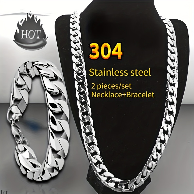 

2pcs/set Stainless Steel Men's Necklace And Bangle Set, Hip Hop Punk Couple Chain