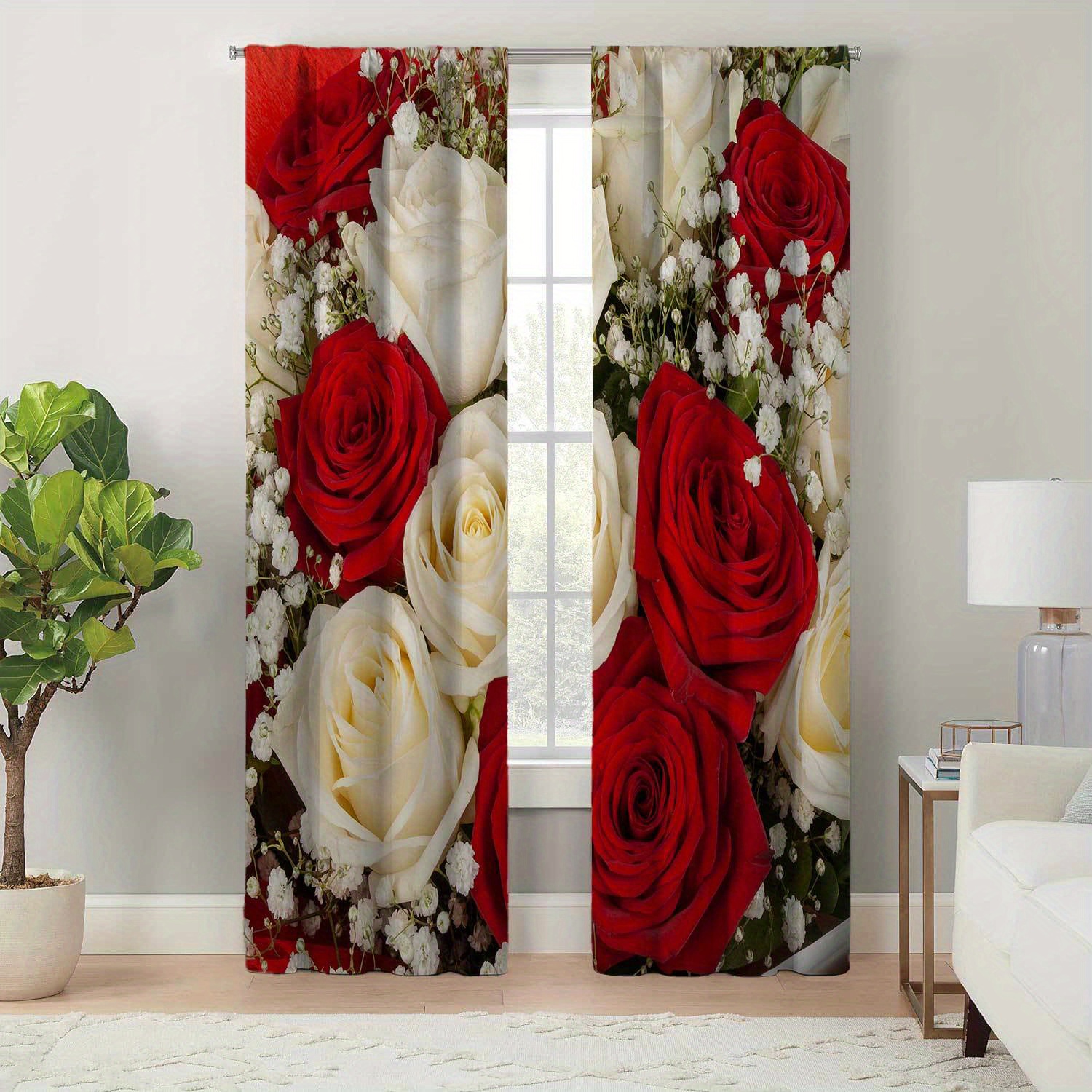 

2pcs, Rose Pattern Printed Curtains, Easy Care Durable Drapes For Living Room Bedroom, All-season Charming Floral Home Decor, Easy Hang