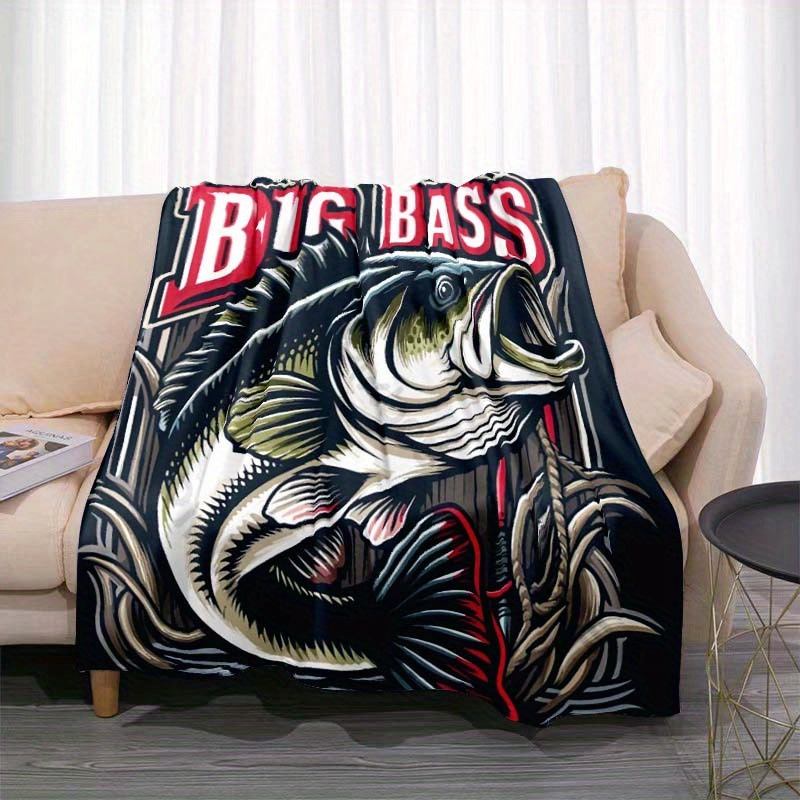 

Big Bass Fish Print Throw Blanket - Soft Comfortable Polyester Fabric, Portable Office Sofa Blanket, Lightweight Cozy Couch Throw, Fishing Theme Home Decor - 100% Polyester Fiber