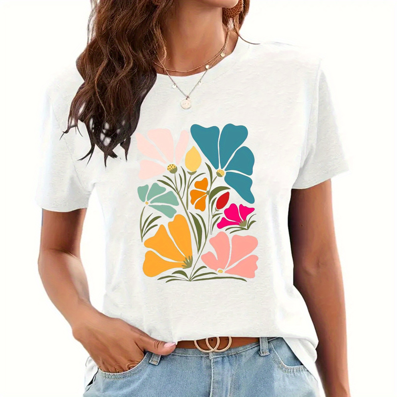 

T-shirt à col rond à imprimé fleuri, T-shirt décontracté à manches courtes pour le printemps et l'été, Vêtements pour femmes