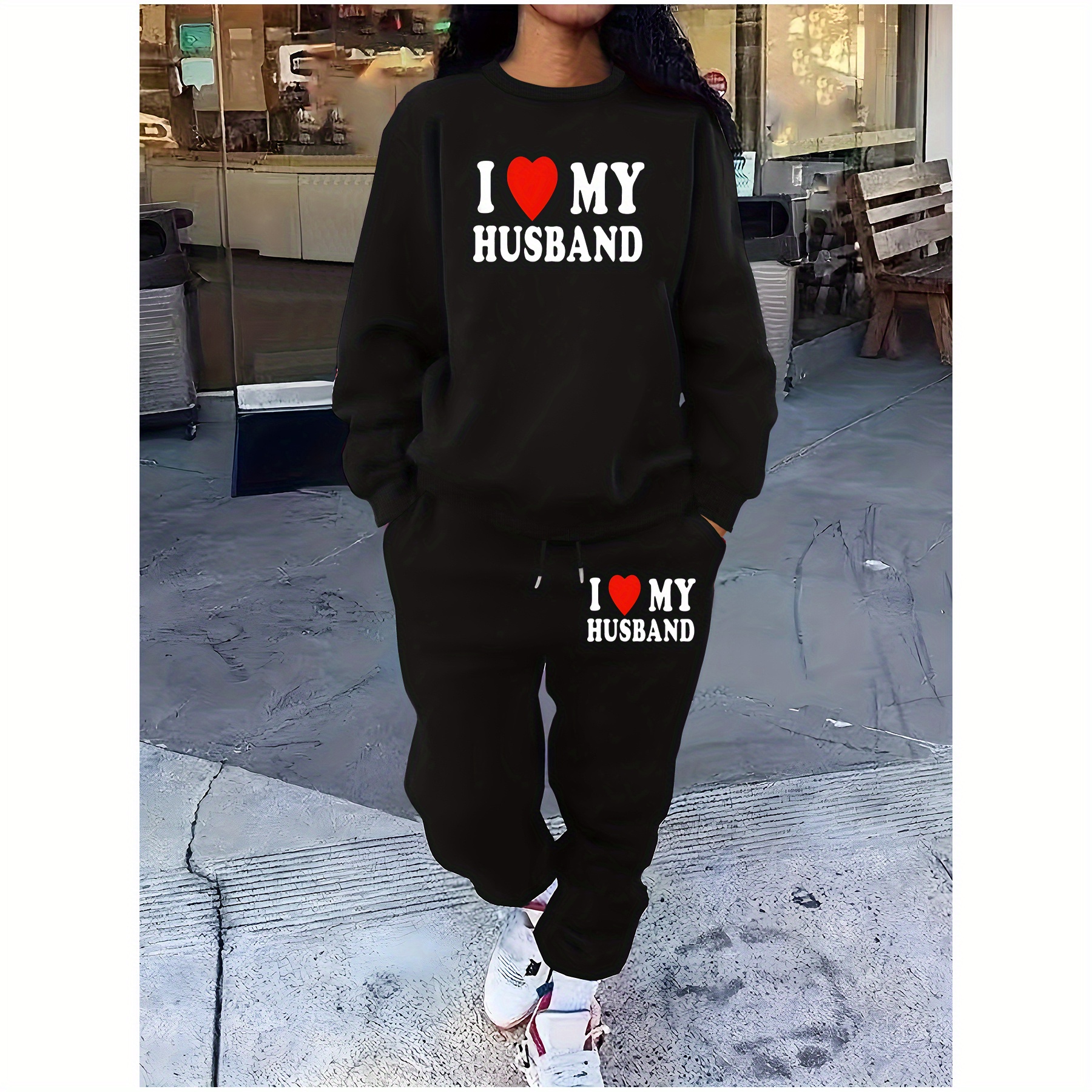 

's Printed Sweatshirt Set, "i My Husband" Graphic, Two- Outfit, Ribbed Cuffs, Pullover Matching Sweatpants, For