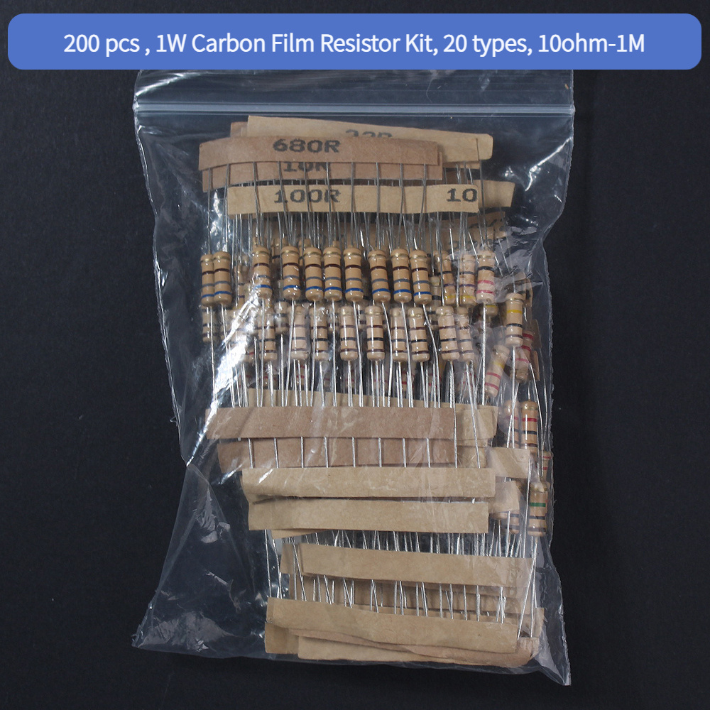 

200pcs Carbon Film Resistor Kit For Diy Electronics Enthusiasts - 1w, 20 Values From 10r To 1m, 5% Precision, & - Ideal For Electronic Projects