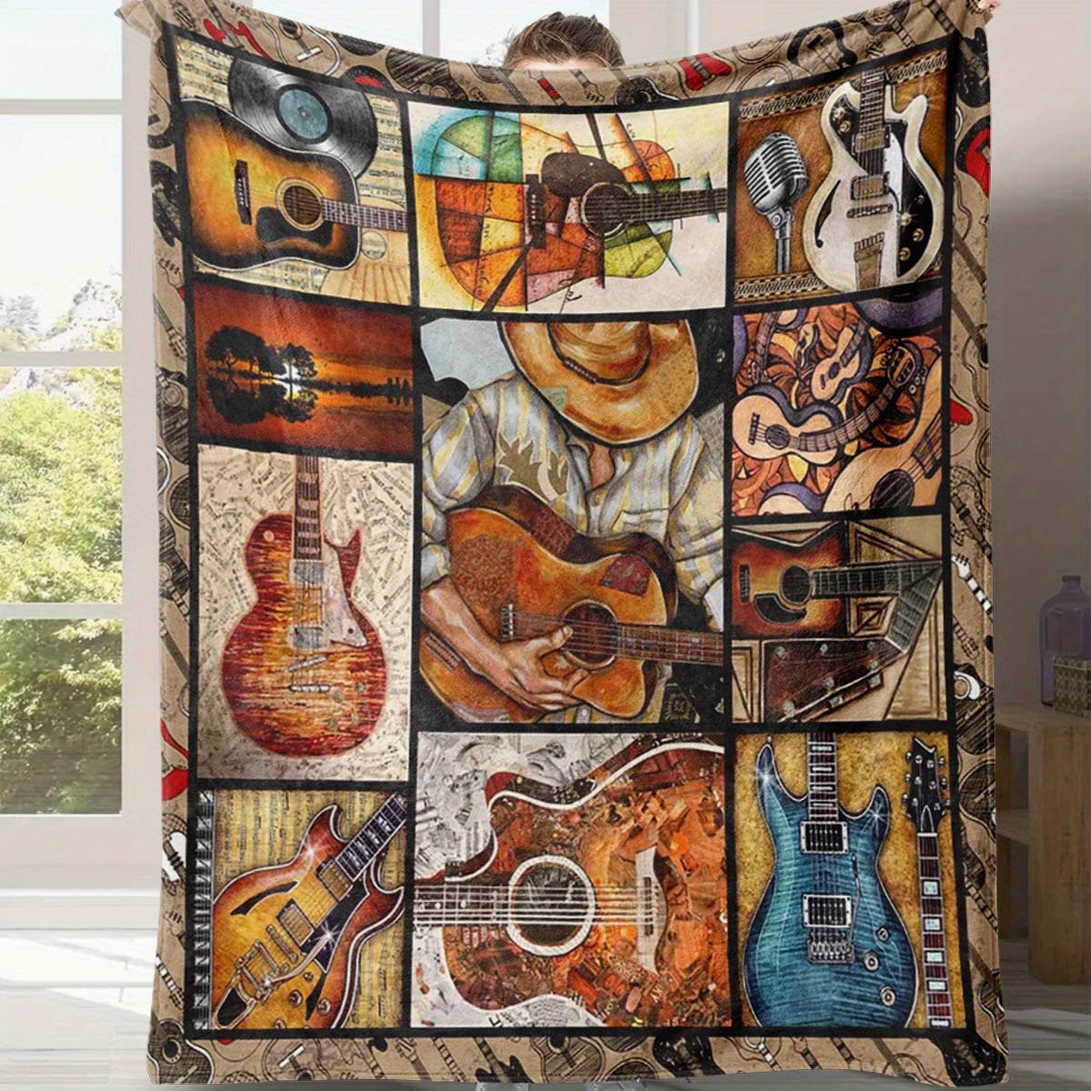 

Vintage Electric Guitar-inspired Art Print Blanket - Cozy Polyester, Perfect For Music Lovers, All-season Office Chair Throw