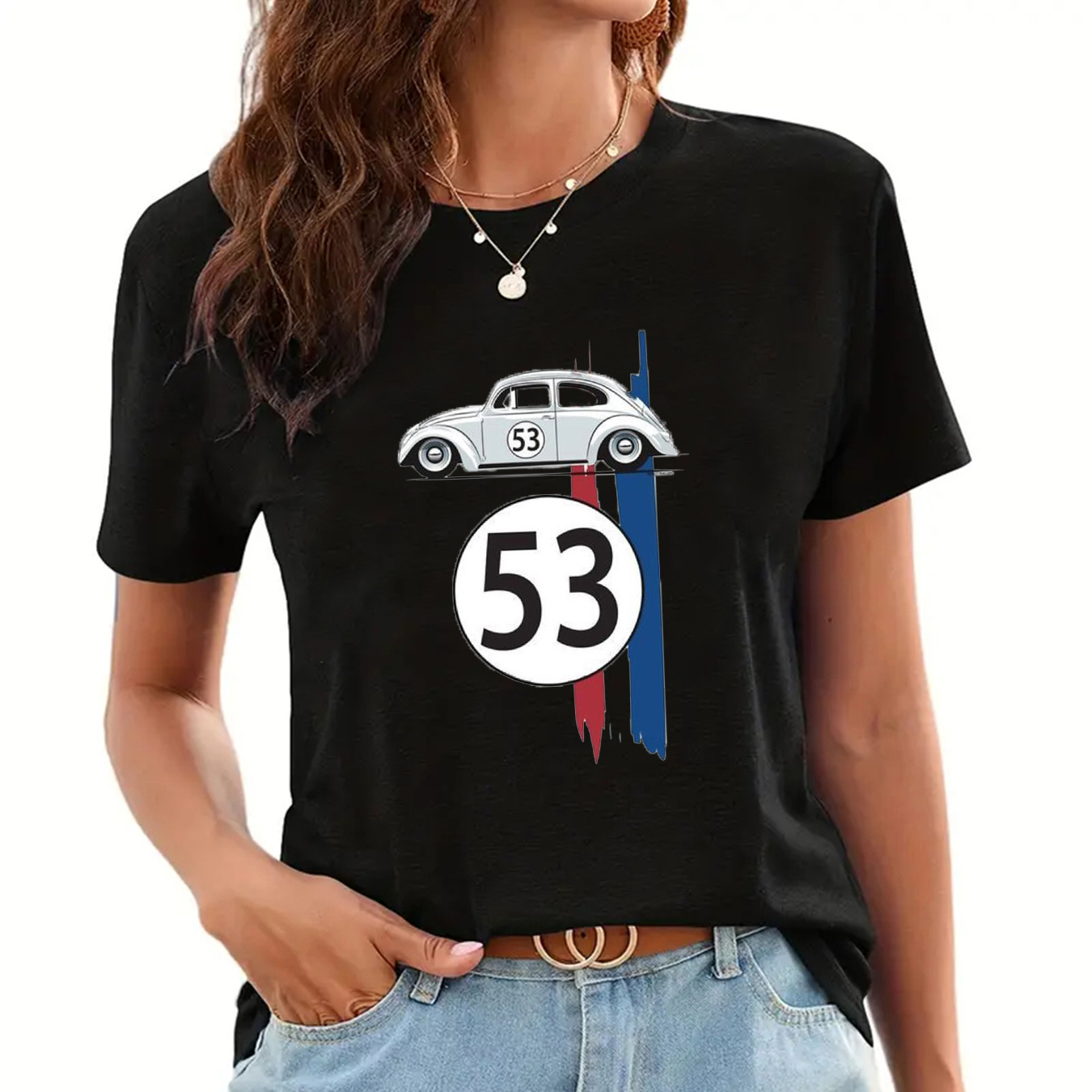 

Number 53 Car Print Crew Neck T-shirt, Casual Short Sleeve T-shirt For Spring & Summer, Women's Clothing