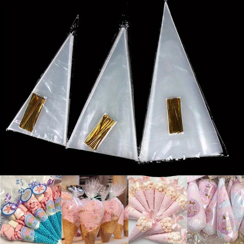 

50pcs/lot, Clear Cone Candy Storage Bags Cones Transprant Plastic Bag Popcorn Candy Bags For Baby Shower Wedding Party Favors Bag