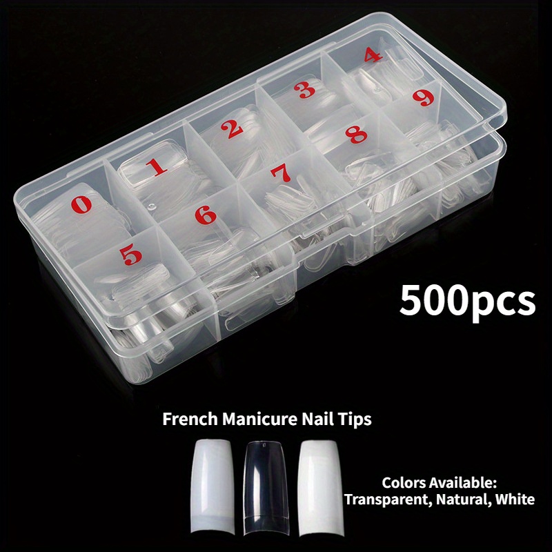 

500pcs French Manicure Nail Tips Set, Transparent & Natural White, Assorted Sizes, False Nail Art Tools For Diy Home Salon