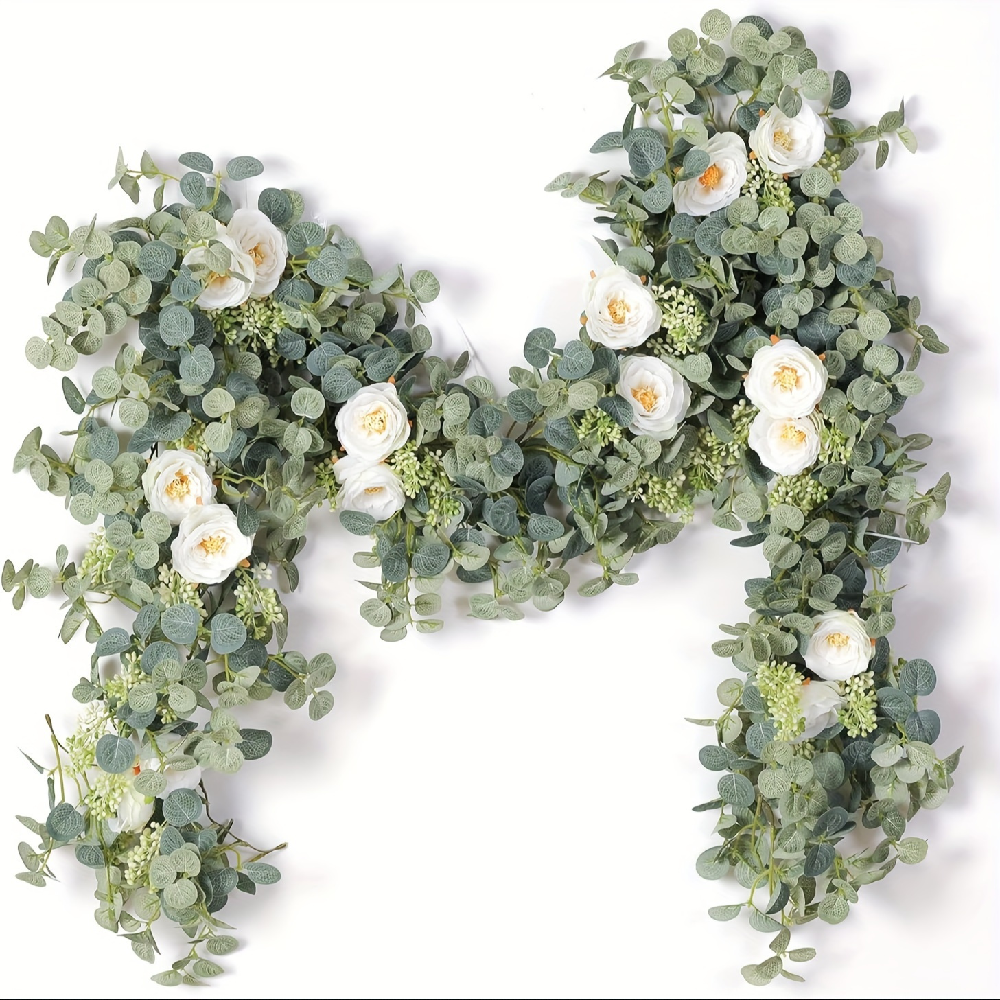 

1pc, Eucalyptus Garland With Flowers - White Roses, People Fake Flowers Green Garland Floral Vines Decorate Party Wedding Table Indoor Outdoor Background Wall Decoration