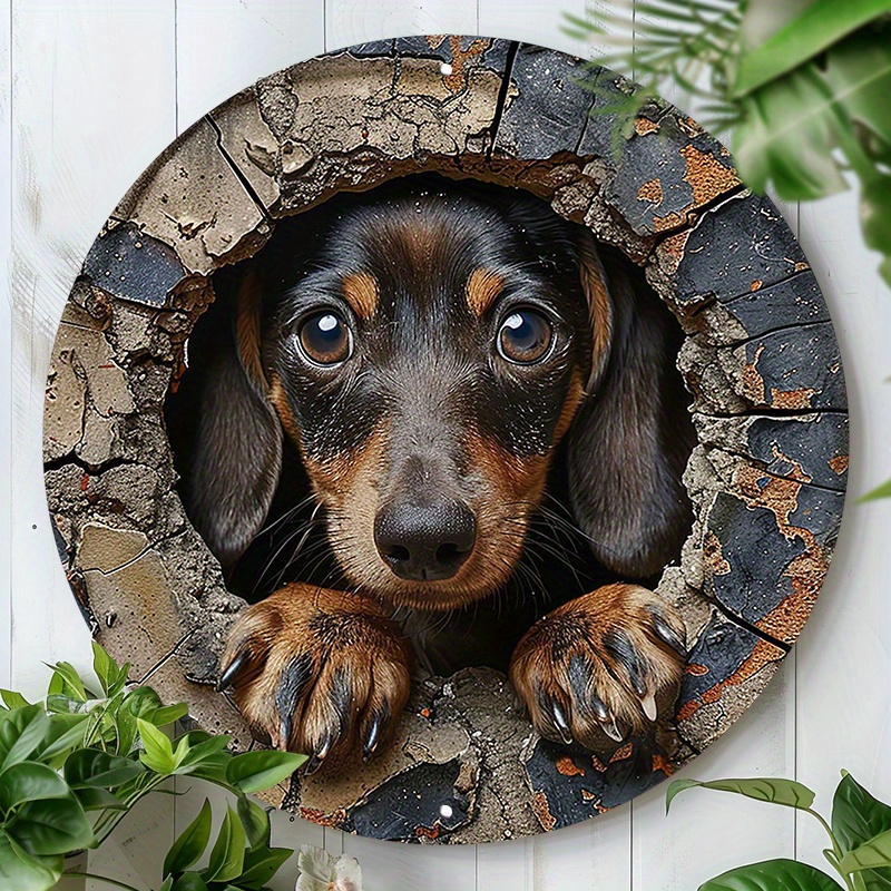 

Dachshund In The Wall Round Metal Sign - 1pc 8" Waterproof Aluminum Decorative Plaque For Home, Garden, Office, Or Garage With Pre-drilled Holes For Easy Installation