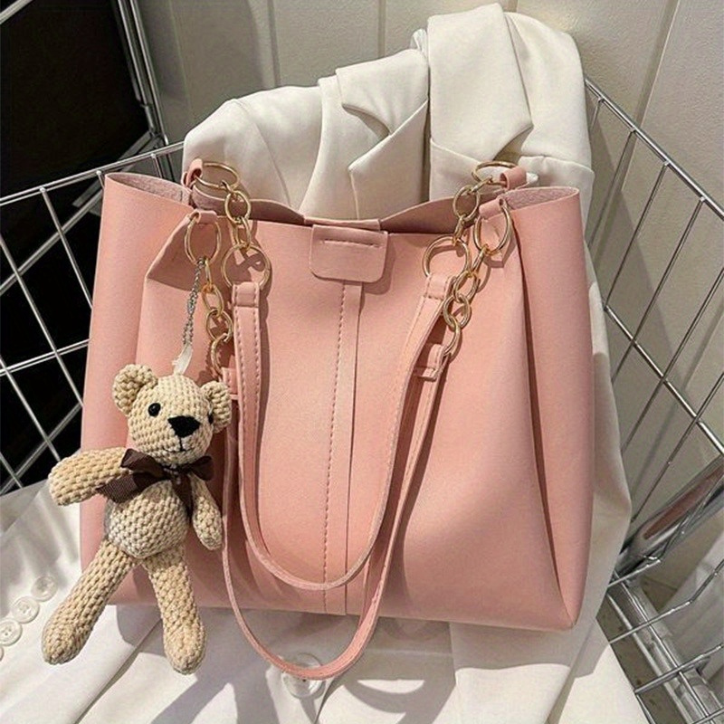 

Fashionable Large Capacity Tote Bag For Women 2024, Solid Color Casual Summer Tote With Stylish Kawaii Pendant