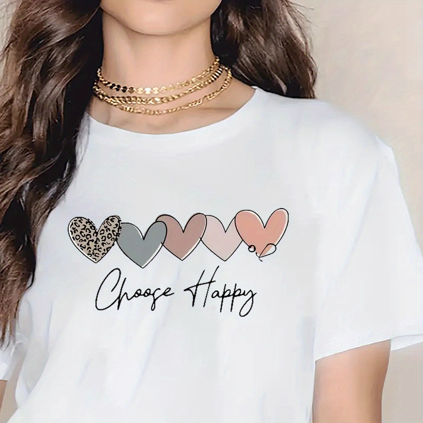 

Heart Print Crew Neck T-shirt, Casual Short Sleeve T-shirt For Spring & Summer, Women's Clothing