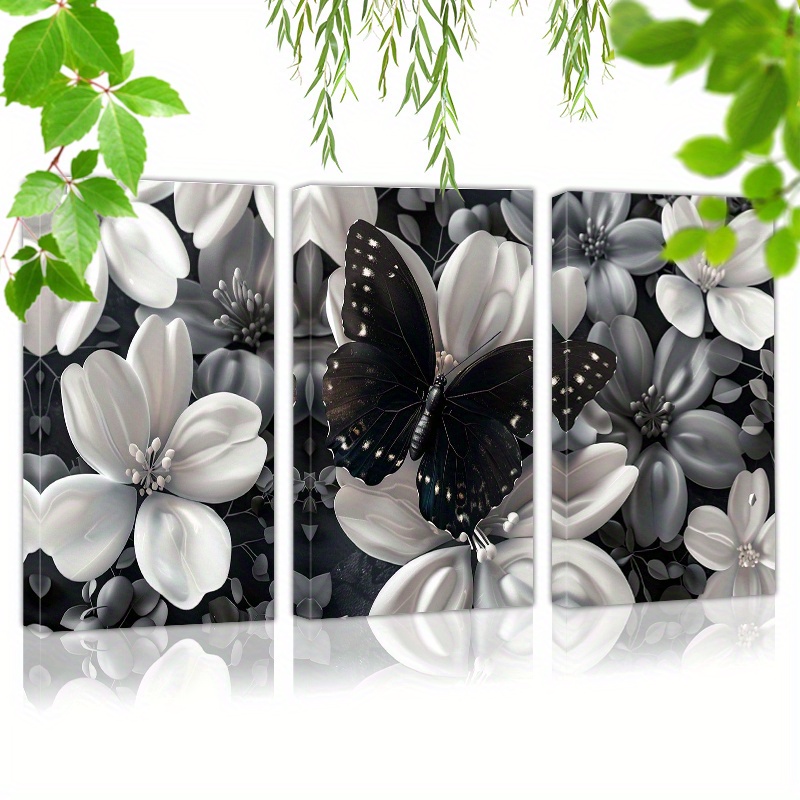 

Framed Set Of 3 Canvas Wall Art Ready To Hang A Black Butterfly With White Flowers (4) Wall Art Prints Poster Wall Picrtures Decor For Home