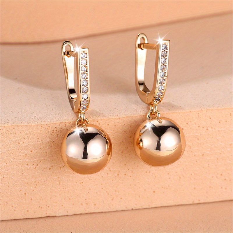 Image of 1 Pair Minimalist Smooth Round Ball Golden Color Pendant Earrings For Women Luxury Synthetic Cubic Zirconiaia Jewelry Accessories