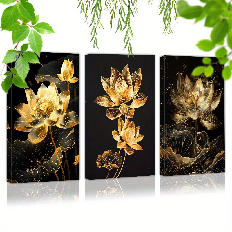 

Framed Set Of 3 Canvas Wall Art Ready To Hang A Golden Lotus Flower Design On Black Background (3) Wall Art Prints Poster Wall Picrtures Decor For Home