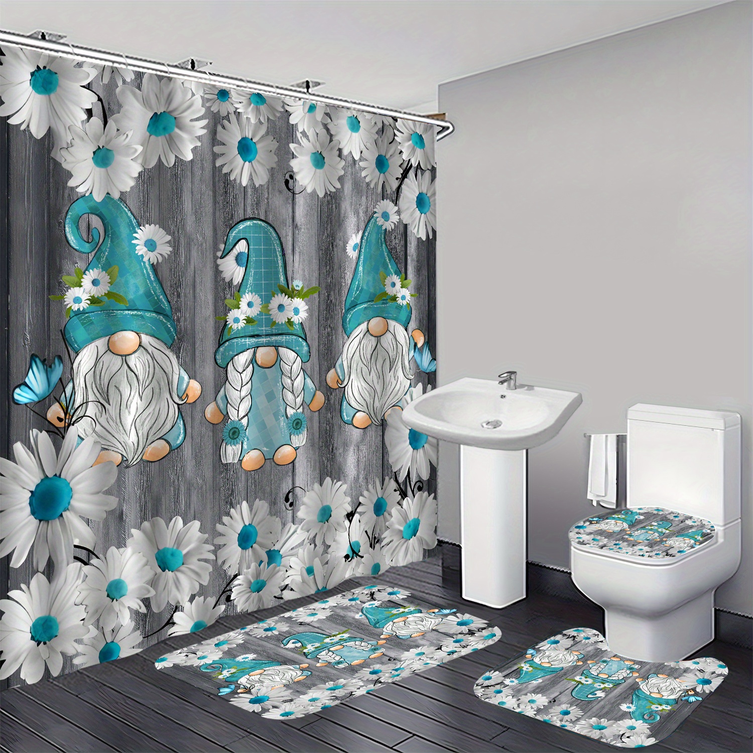 

4pcs Blue Chamomile & Gnome Pattern Shower Curtain Set, Waterproof Shower Curtain With Hooks, Non-slip Bath Rug, U-shape Mat, Toilet Lid Cover Pad, Home Decor, Bathroom Accessories