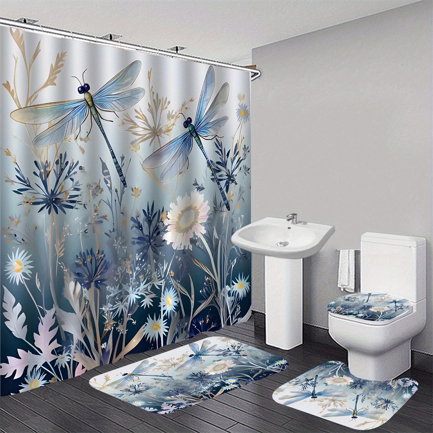 

4pcs Dragonfly & Daisy Pattern Shower Curtain Set, Waterproof Shower Curtain With Hooks, Non-slip Bath Rug, U-shape Mat, Toilet Lid Cover Pad, Home Decor, Bathroom Accessories