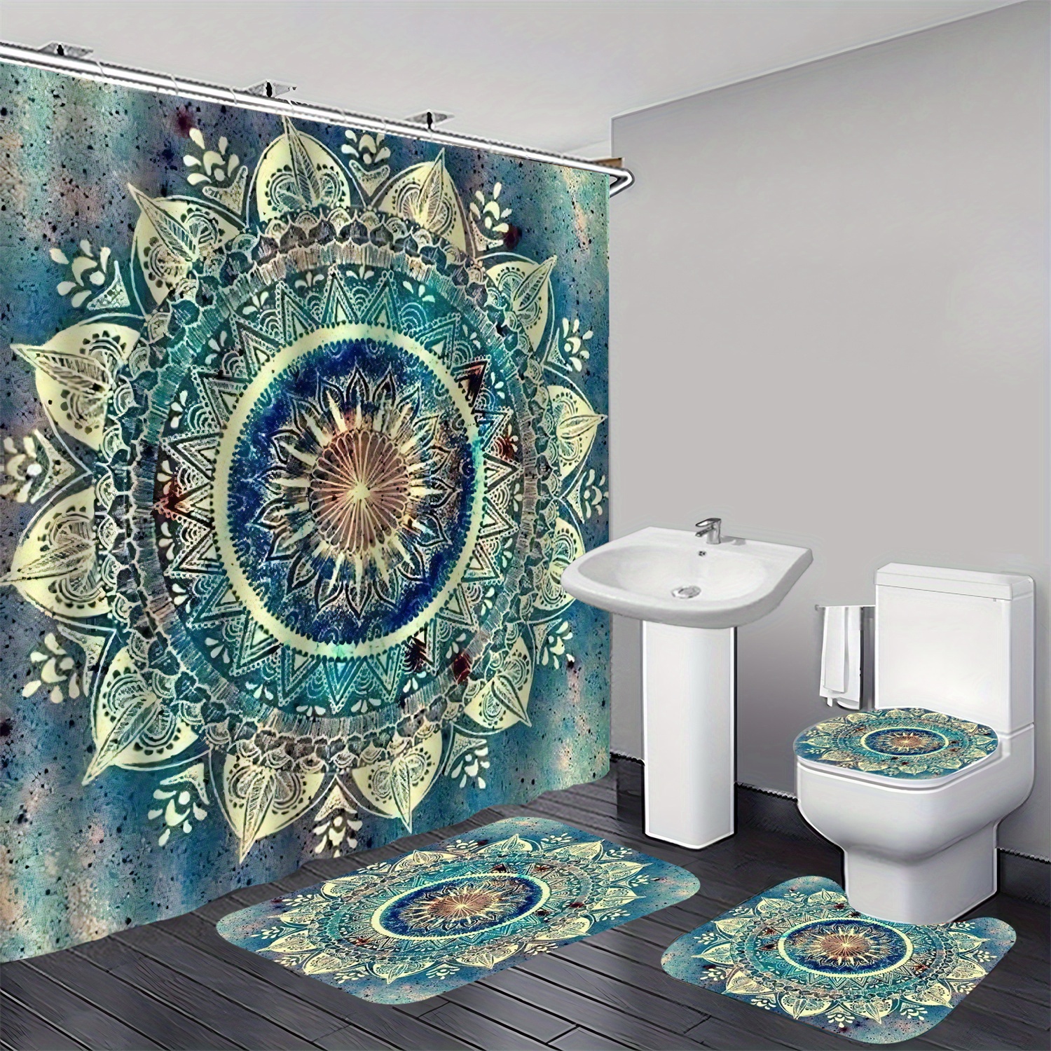 

4pcs Mandala Flower Pattern Shower Curtain Set, Waterproof Shower Curtain With Hooks, Non-slip Bath Rug, U-shape Mat, Toilet Lid Cover Pad, Home Decor, Bathroom Accessories