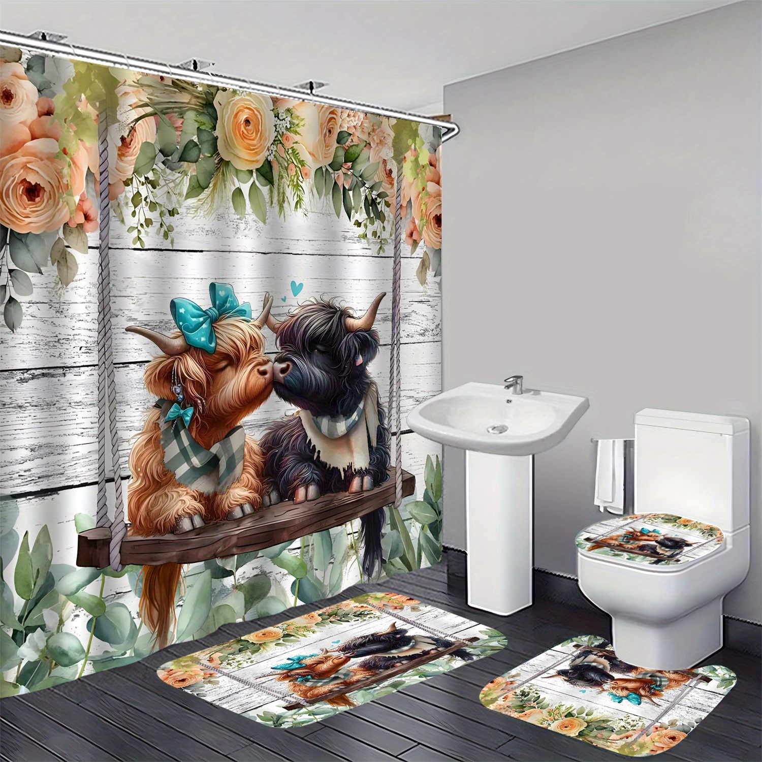 

4pcs Highland Cow Flower Pattern Shower Curtain Set, Waterproof Shower Curtain With Hooks, Non-slip Bath Rug, U-shape Mat, Toilet Lid Cover Pad, Home Decor, Bathroom Accessories