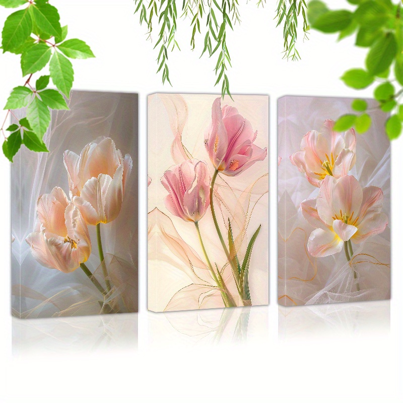 

Framed Set Of 3 Canvas Wall Art Ready To Hang 2 Pink Tulips (10) Wall Art Prints Poster Wall Picrtures Decor For Home