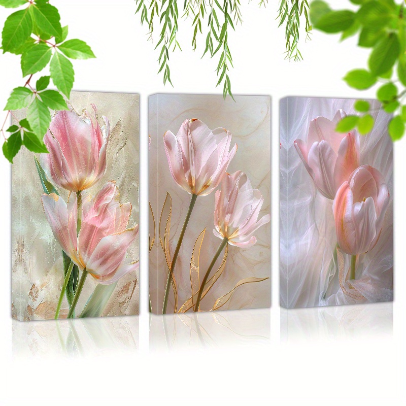 

Framed Set Of 3 Canvas Wall Art Ready To Hang 2 Pink Tulips (3) Wall Art Prints Poster Wall Picrtures Decor For Home