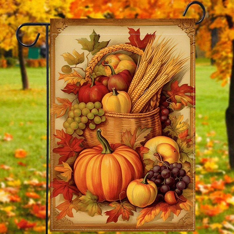 

1pc, Harvest Fall Garden Flag, Autumn Thanksgiving Day Theme Farmhouse Flag, Pumpkins Fruit Ear Of Wheat Print House Flag Double Sided Waterproof Burlap Flag 12x18inch