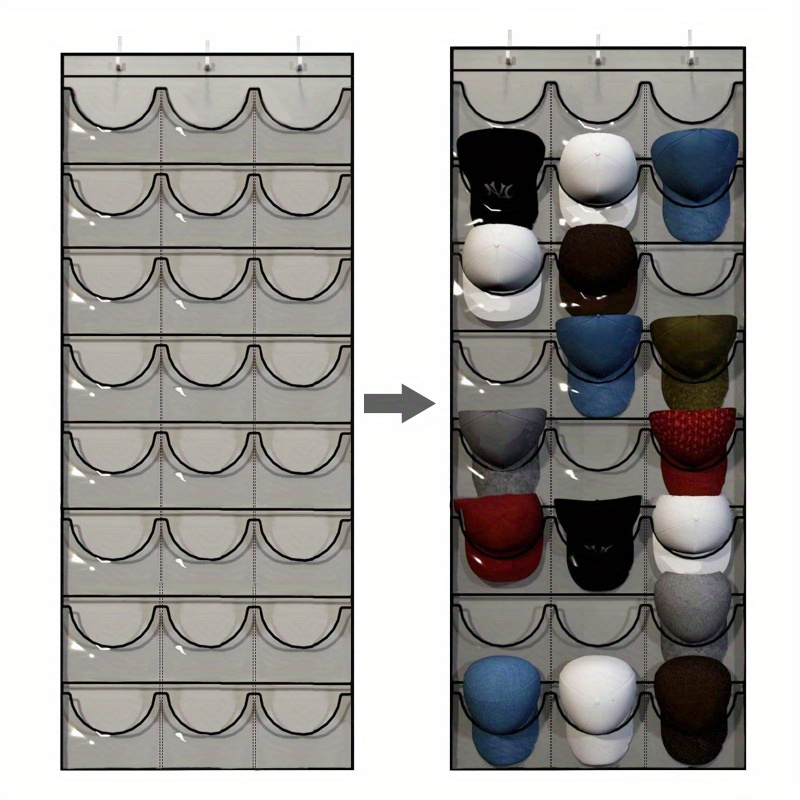 

Support de rangement suspendu pour chapeaux avec 24 poches en plastique transparent, support portable pour casquettes, porte-chapeau à vue facile et pour casquettes de baseball et accessoires