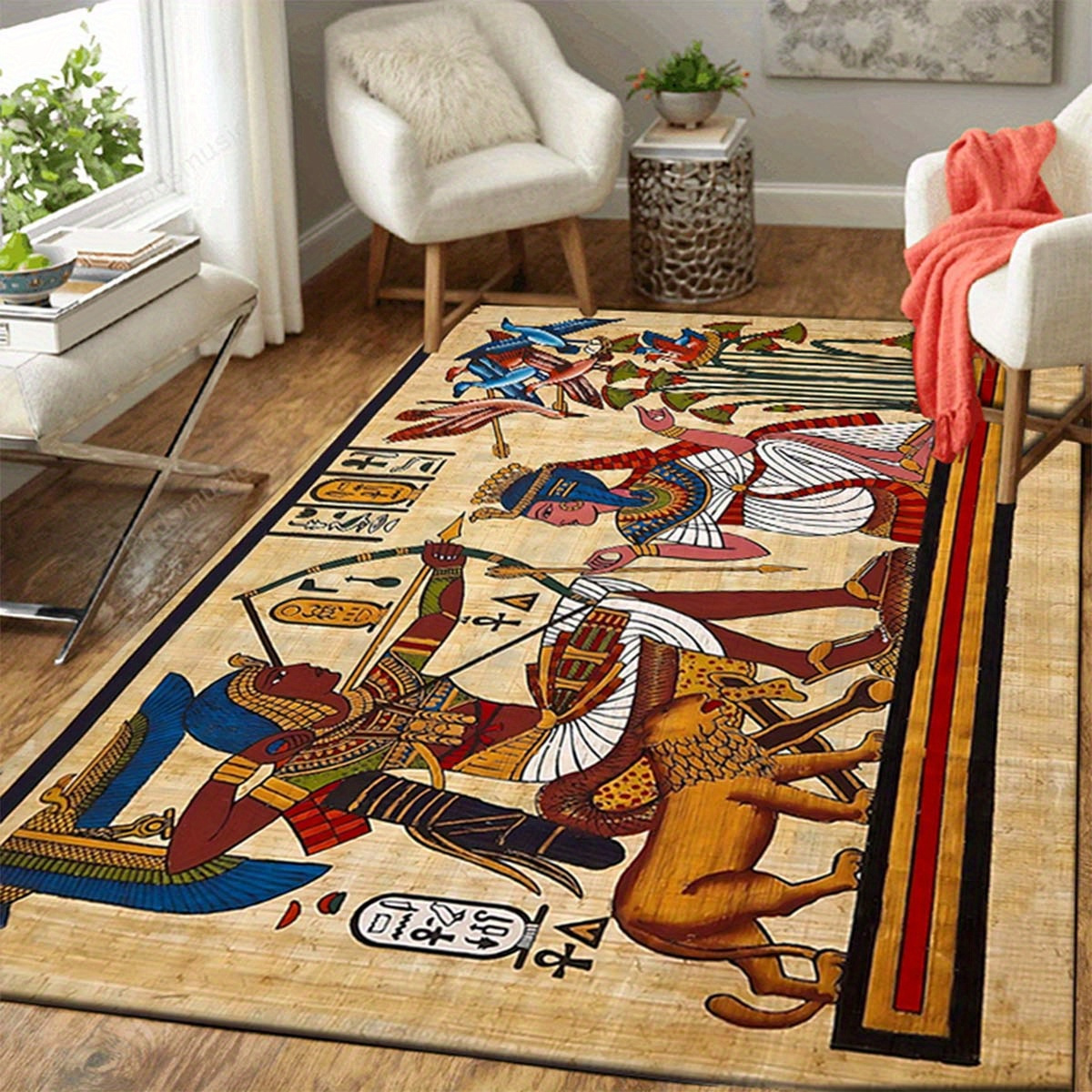 

Egyptian Hieroglyph Area Rug - Large, Hand-washable Polyester Carpet For Living Room, Bedroom, And Home Decor