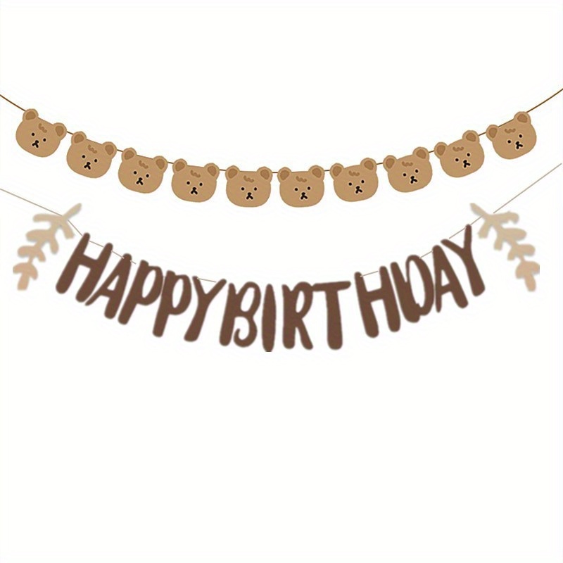 Image of 2pcs/set, Cute Vintage Bear Pull Flag Decoration Arrangement Banner, Happy Birthday Pull Decor Wall Decor Birthday Party Decoration Flag Home Decor