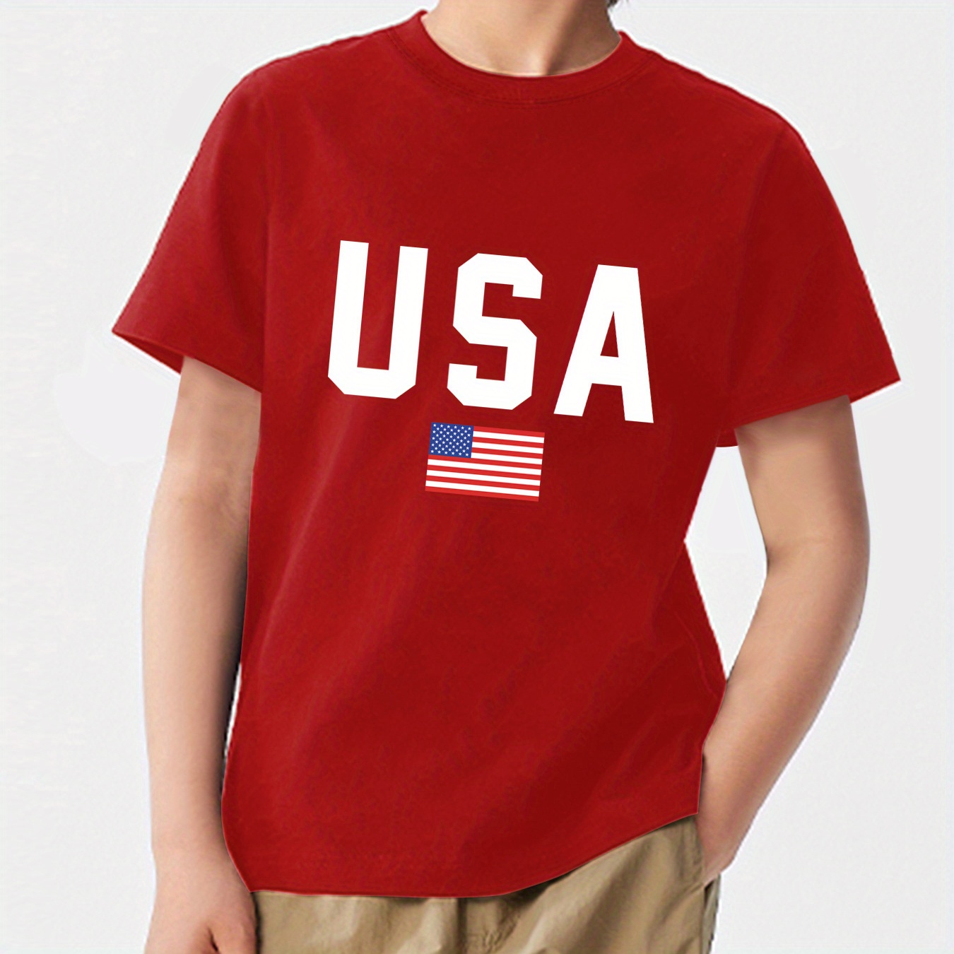 

100% Cotton Usa Print Flag Pattern Short Sleeve Crew Neck T-shirt, Casual Loose Fit Breathable Tee Tops Independence Day Wear Summer Gift, Boys' Clothing