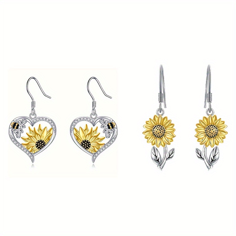 

2pairs Flower Earring Set - And Fashionable Sunflower Charm Drop Earrings With Fashion, Luxury, Elegant, And Acquire Hollow Heart Shape With Sunflower Bee Decor Retro Boho Hook Earrings