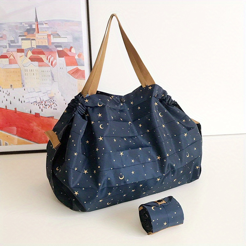 TEMU High-quality Foldable Shopping Bag With Snap Closure - Lightweight, Portable Shoulder Tote For Groceries & Travel, Durable Polyester, Hand Or