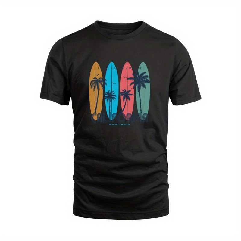 

Surf Print Men's Short Sleeve T-shirts, Comfy Casual Elastic Crew Neck Tops For Men's Outdoor Activities