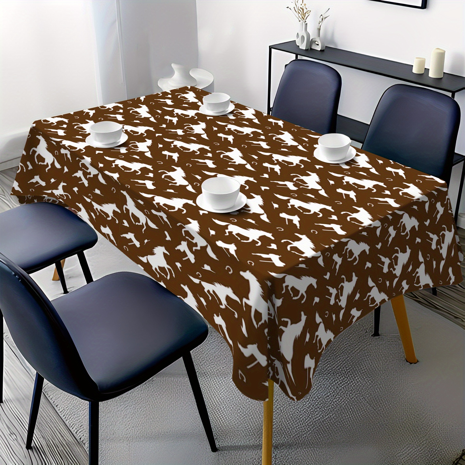 

versatile" Elegant White Horse Pattern Tablecloth - Reusable, Waterproof & Oil-proof Polyester Cover For Kitchen And Dining Room Decor