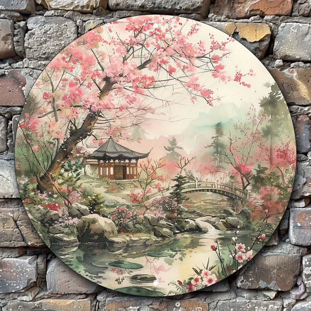 

1pc Tranquil Spring Garden Scene Round Aluminum Metal Wall Art - Weather-resistant Decor For Home, Wedding, Bridal Shower, Birthday, Bachelor Party, Anniversary