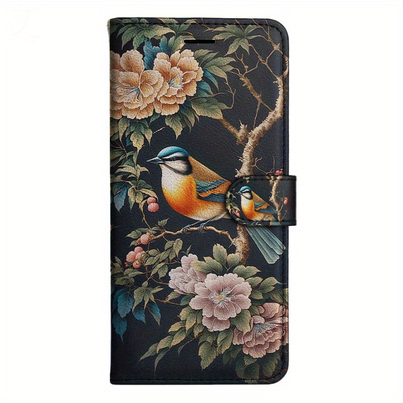 TEMU Branches And Birds Pu Magnetic Flip Wallet Case With Card Holder Stand For Iphone 5/6/6s/7/8/x/xs/xr/se2 2020/se3 2022/11/12/13/14 Mini Plus Pro